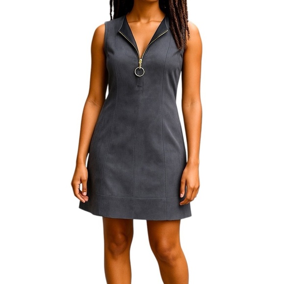 DKNY Women’s Sheath Dress Sleeveless Gray 1/4 Zip Soft - Like Crushed Suede Sz 6 - Picture 1 of 10